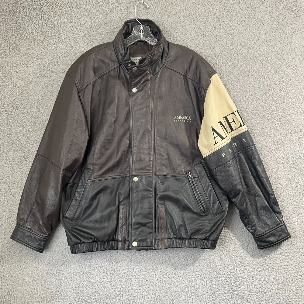 Perry Ellis America VTG Leather Bomber Jacket Men L Brown Colorblock 90s Retro
